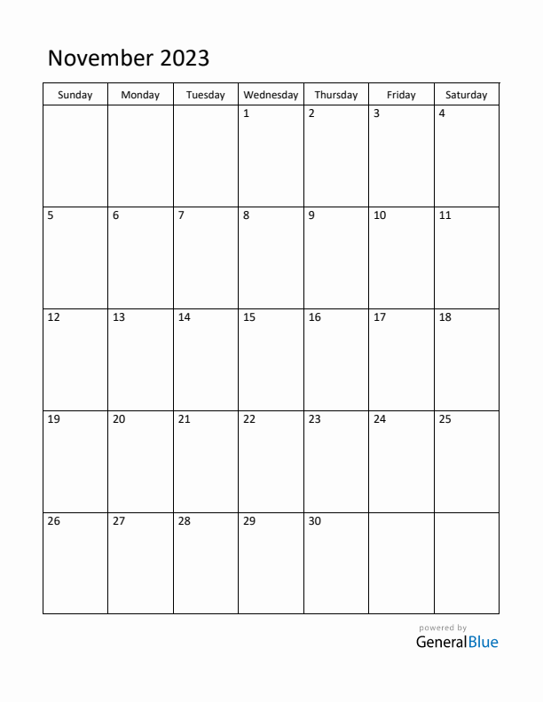 Sunday Start Calendar for November 2023