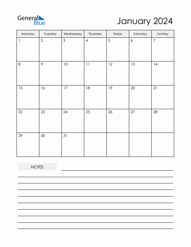 Printable Calendar with Notes - January 2024