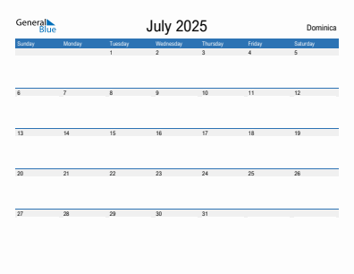 Current month calendar with Dominica holidays for July 2025
