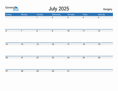 Current month calendar with Hungary holidays for July 2025