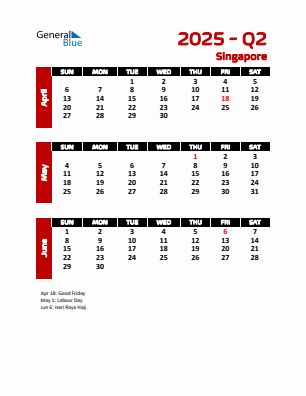 Singapore Quarter 2 2025 calendar template