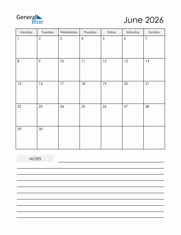 Printable Calendar with Notes - June 2026